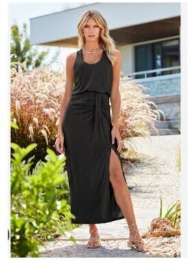 Boston Proper Black Sleeveless Halter Maxi Dress Size M Side Ruched Detail Chic